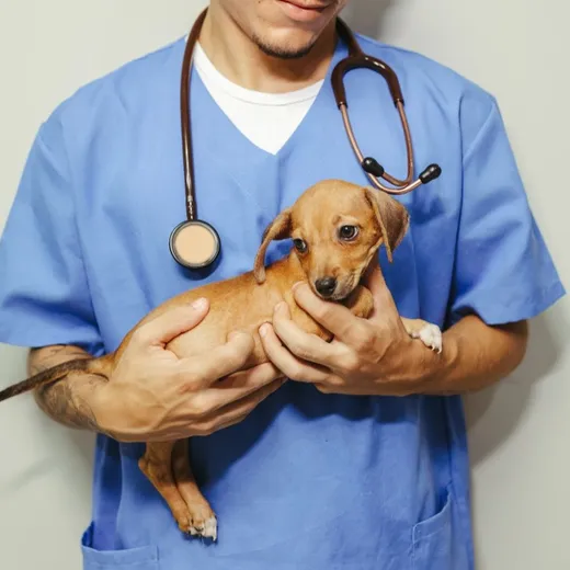 Veterinarian holding a puppy